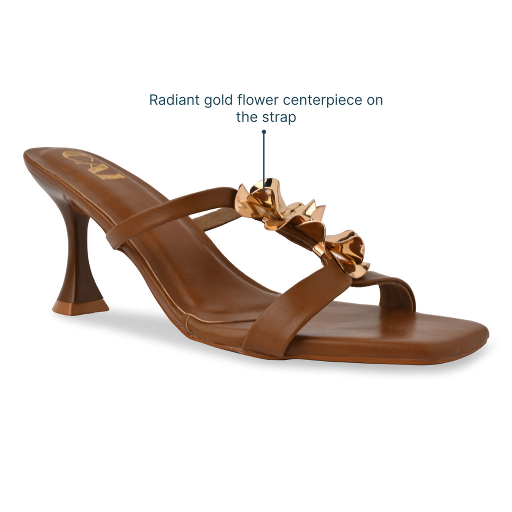 Gold Flower Tan Strap Heel