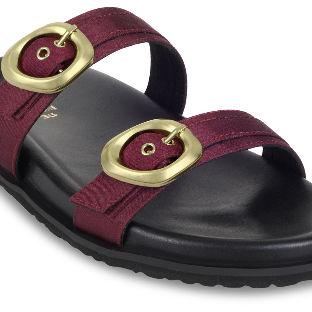 Twin Buckle Maroon Slides