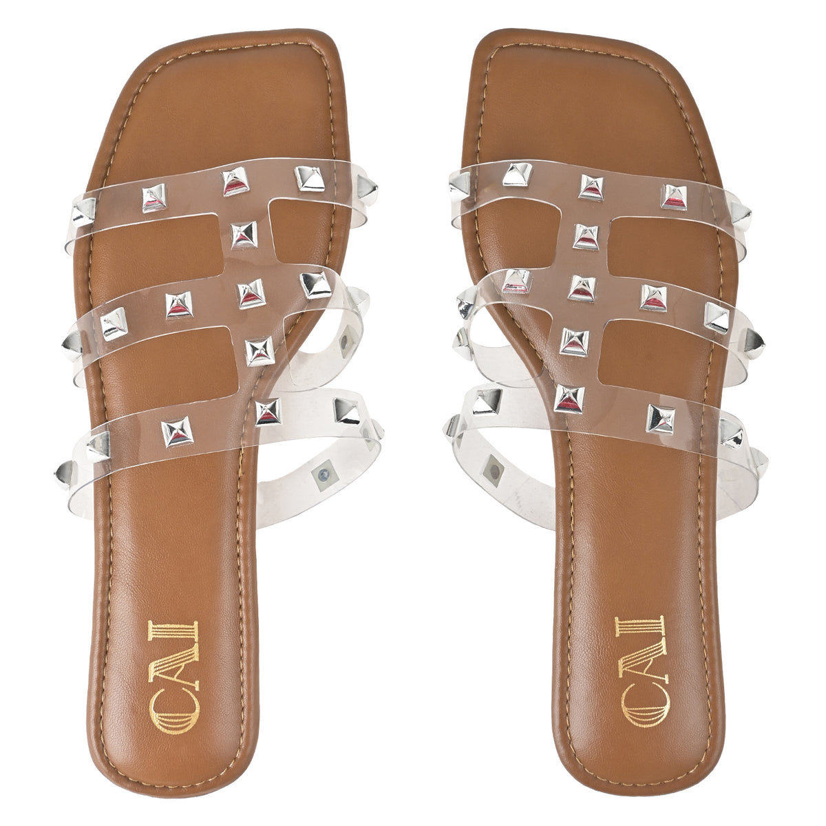 Clear Strap Tan Studded Flats