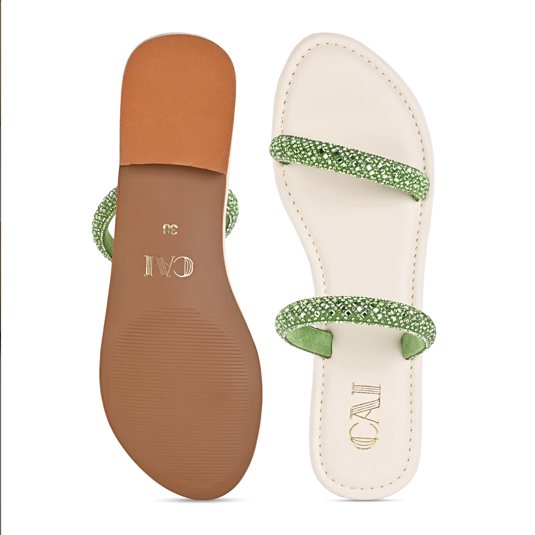 Embellished Emerald Strap Flats