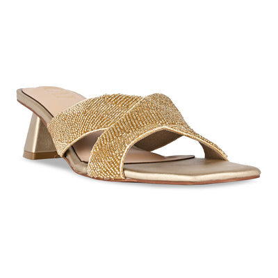 Gold Beaded Cross Strap Heel