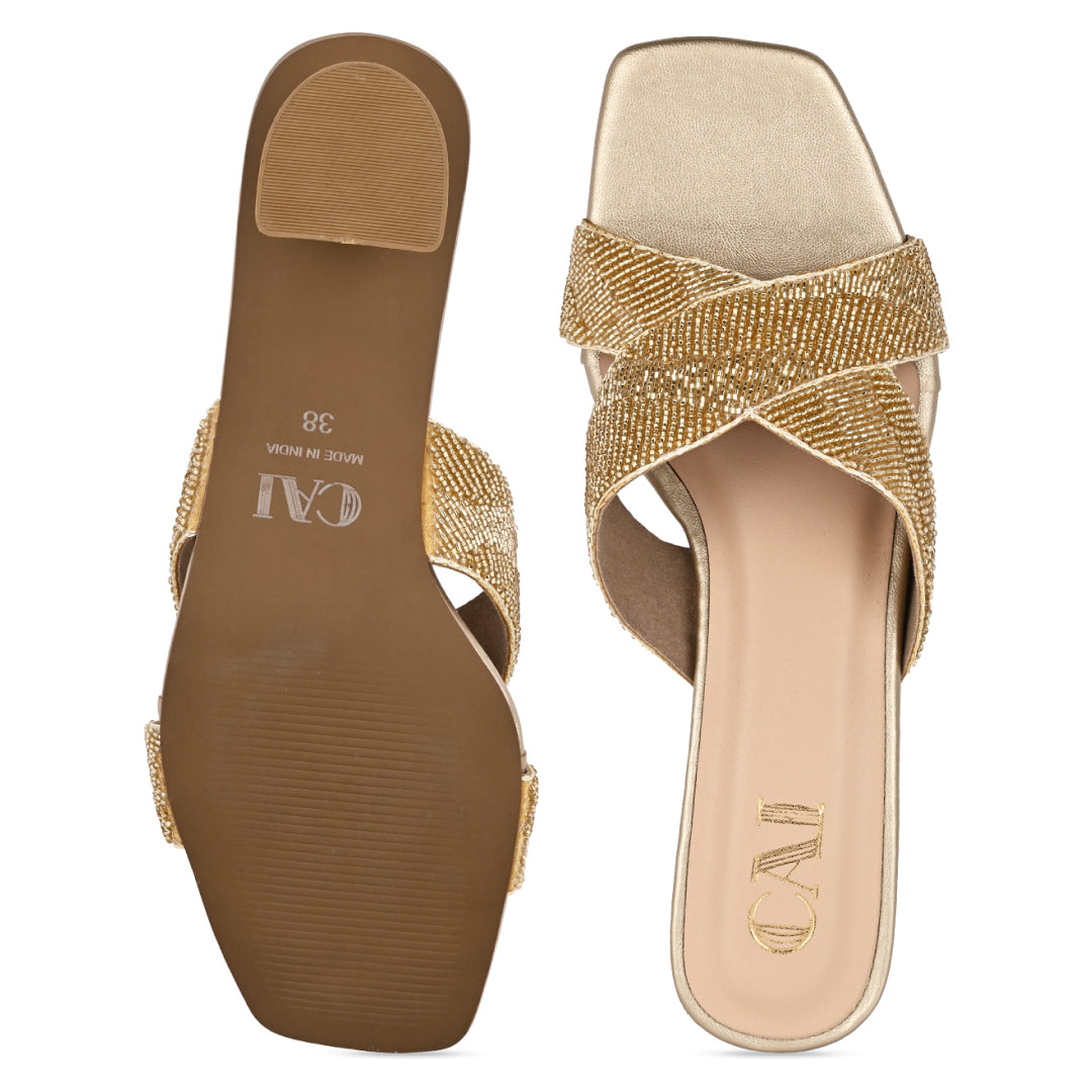 Gold Beaded Cross Strap Heel