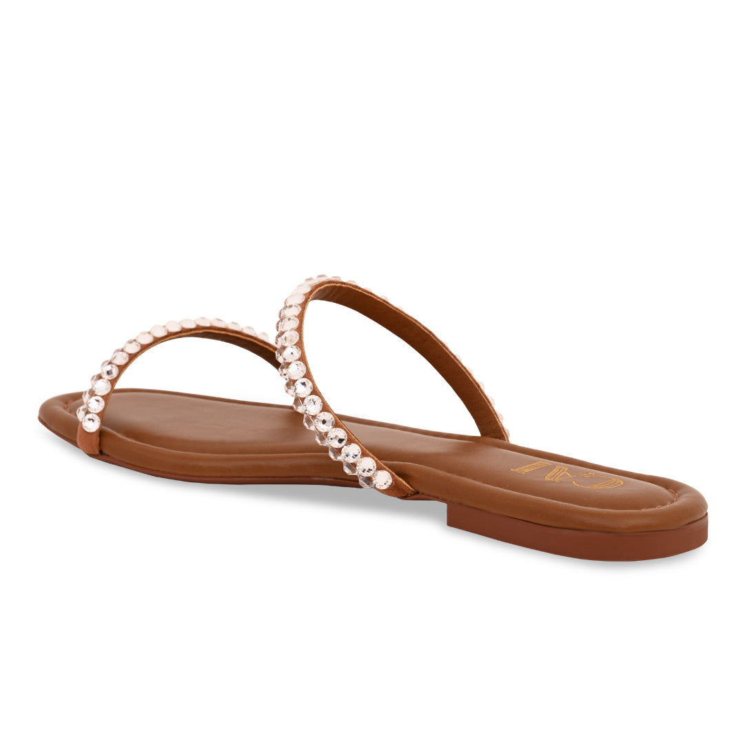 Thin Diamond Lace Two Strap Tan Flat