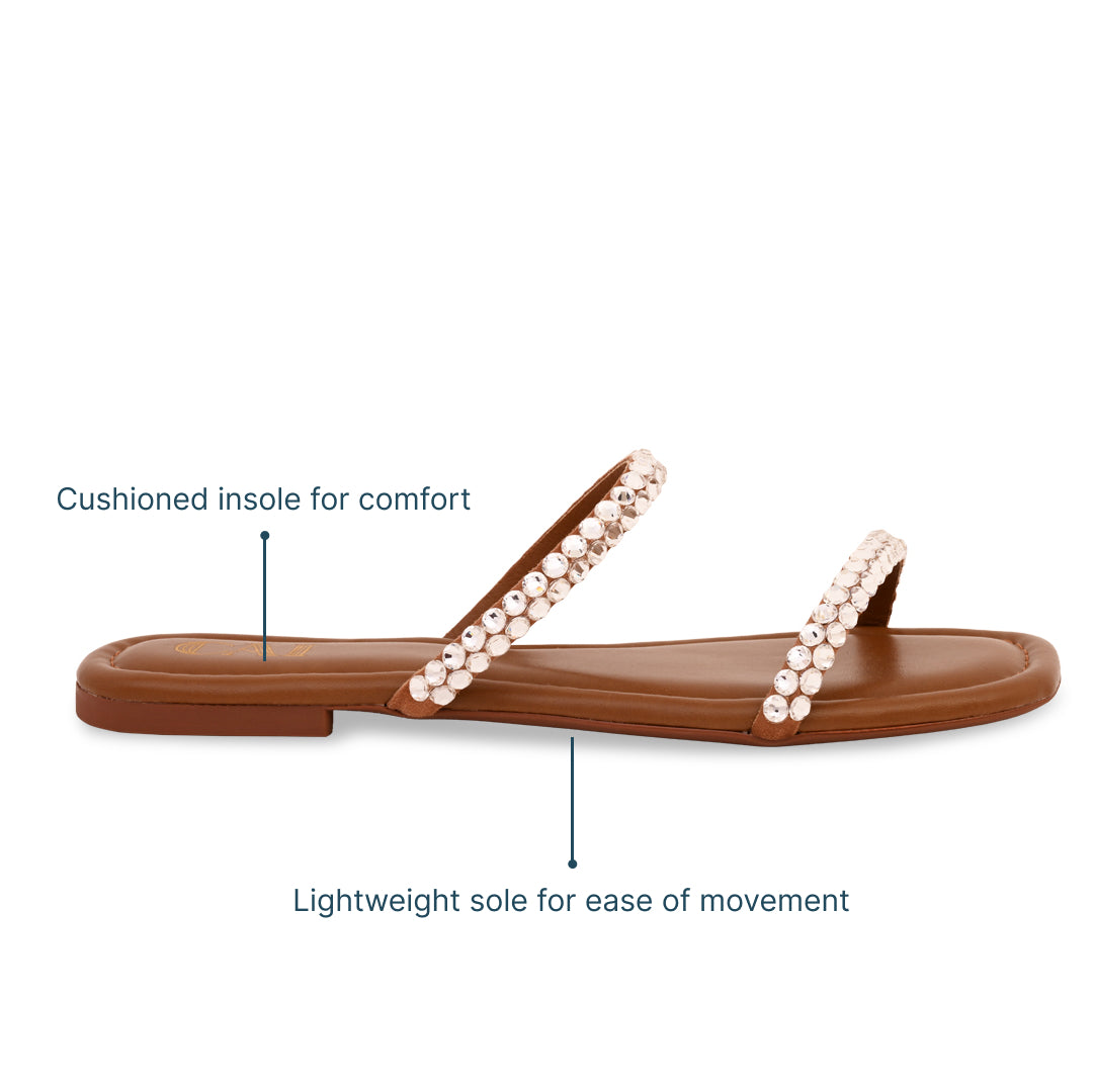 Thin Diamond Lace Two Strap Tan Flat