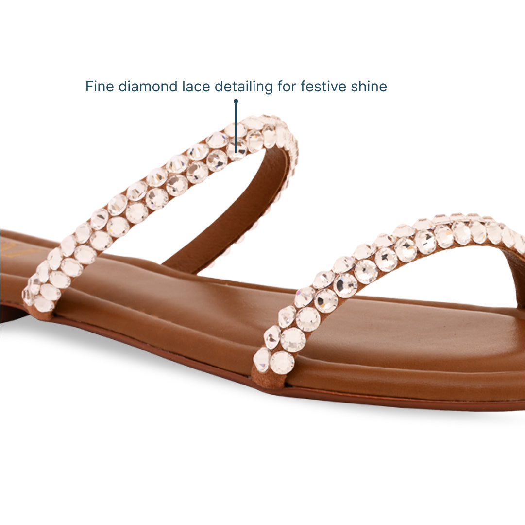 Thin Diamond Lace Two Strap Tan Flat