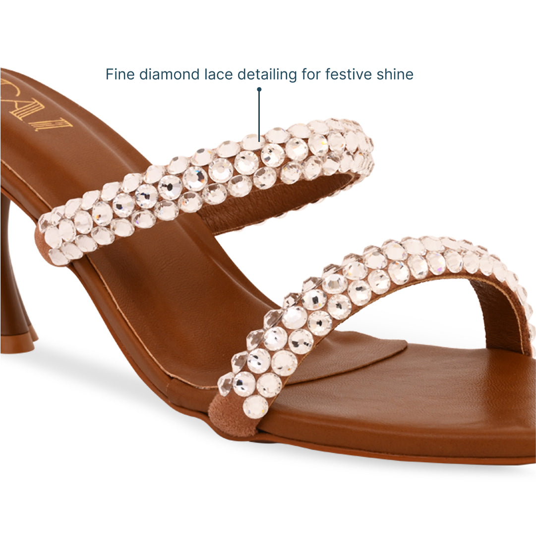 Diamond Lace Two Strap Tan Heel