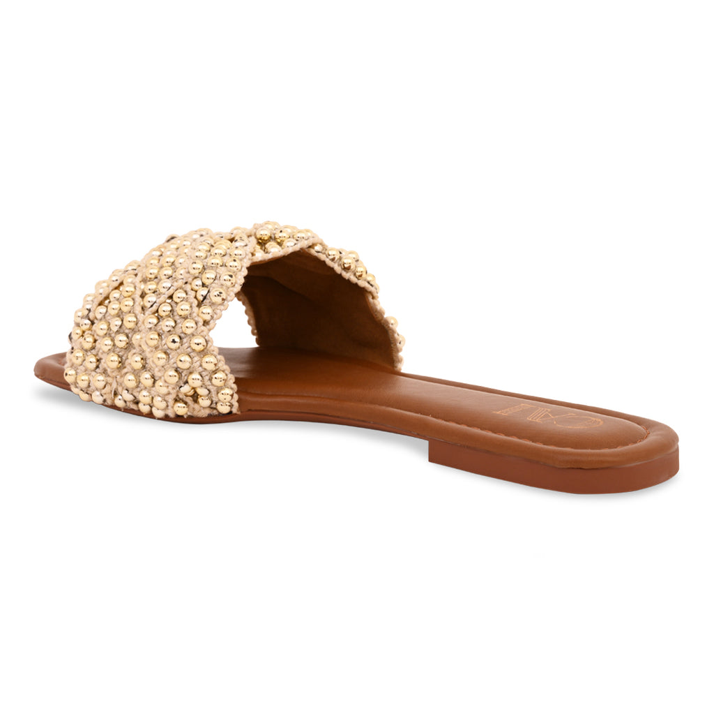 Gold Studded Lace Tan Flat