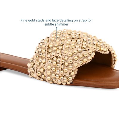 Gold Studded Lace Tan Flat