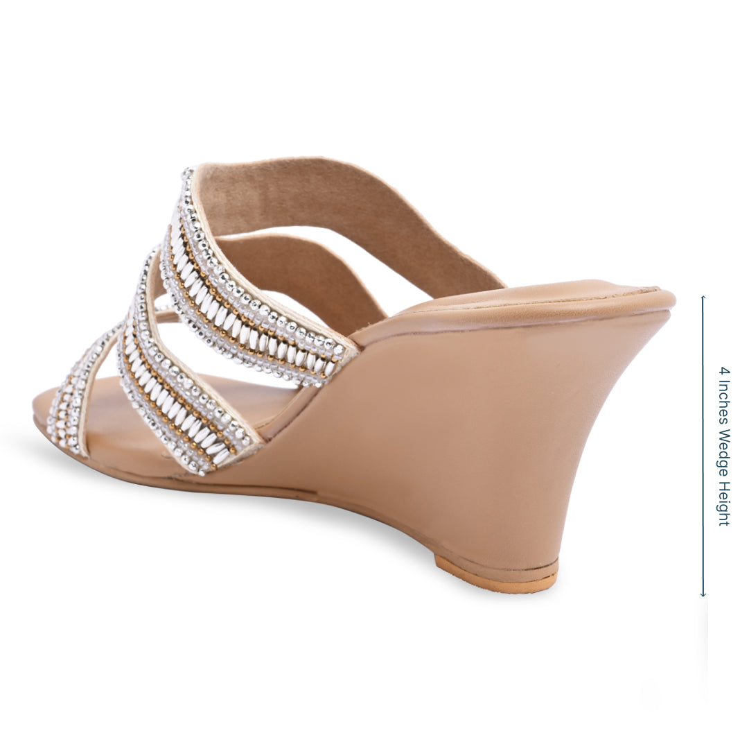 Gold Wavy Beaded Nude Wedge