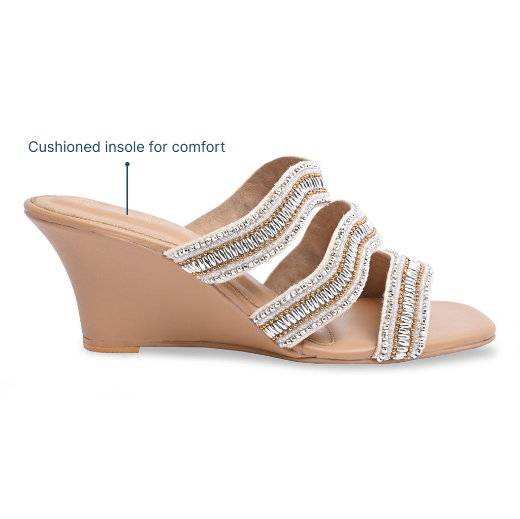 Gold Wavy Beaded Nude Wedge