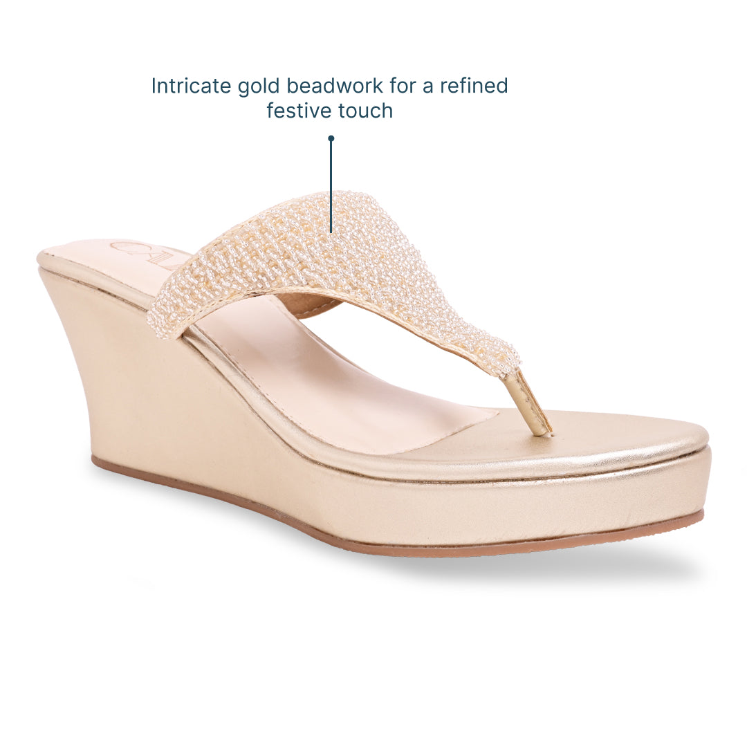 Gold Beaded Thong Wedge