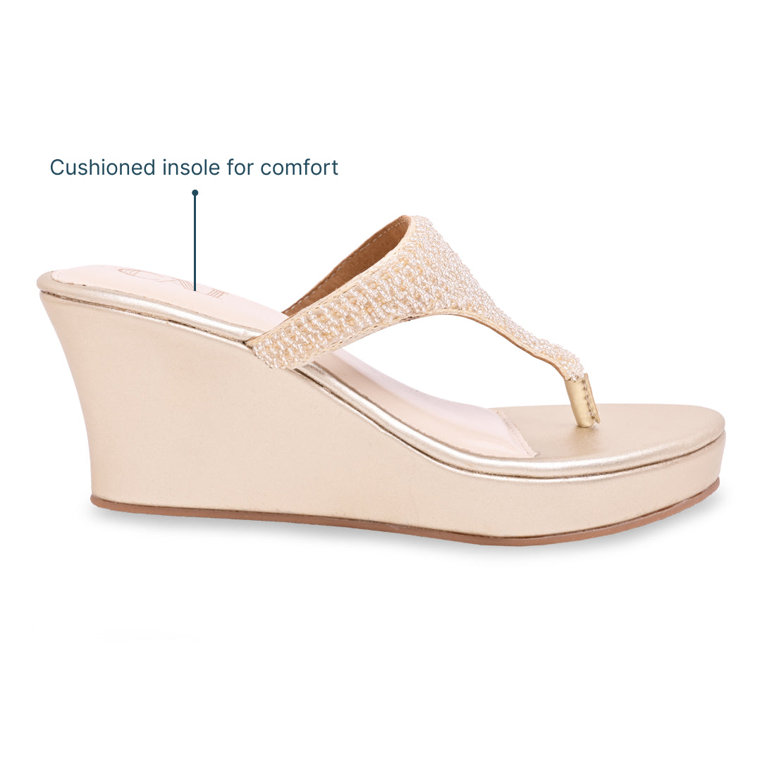 Gold Beaded Thong Wedge