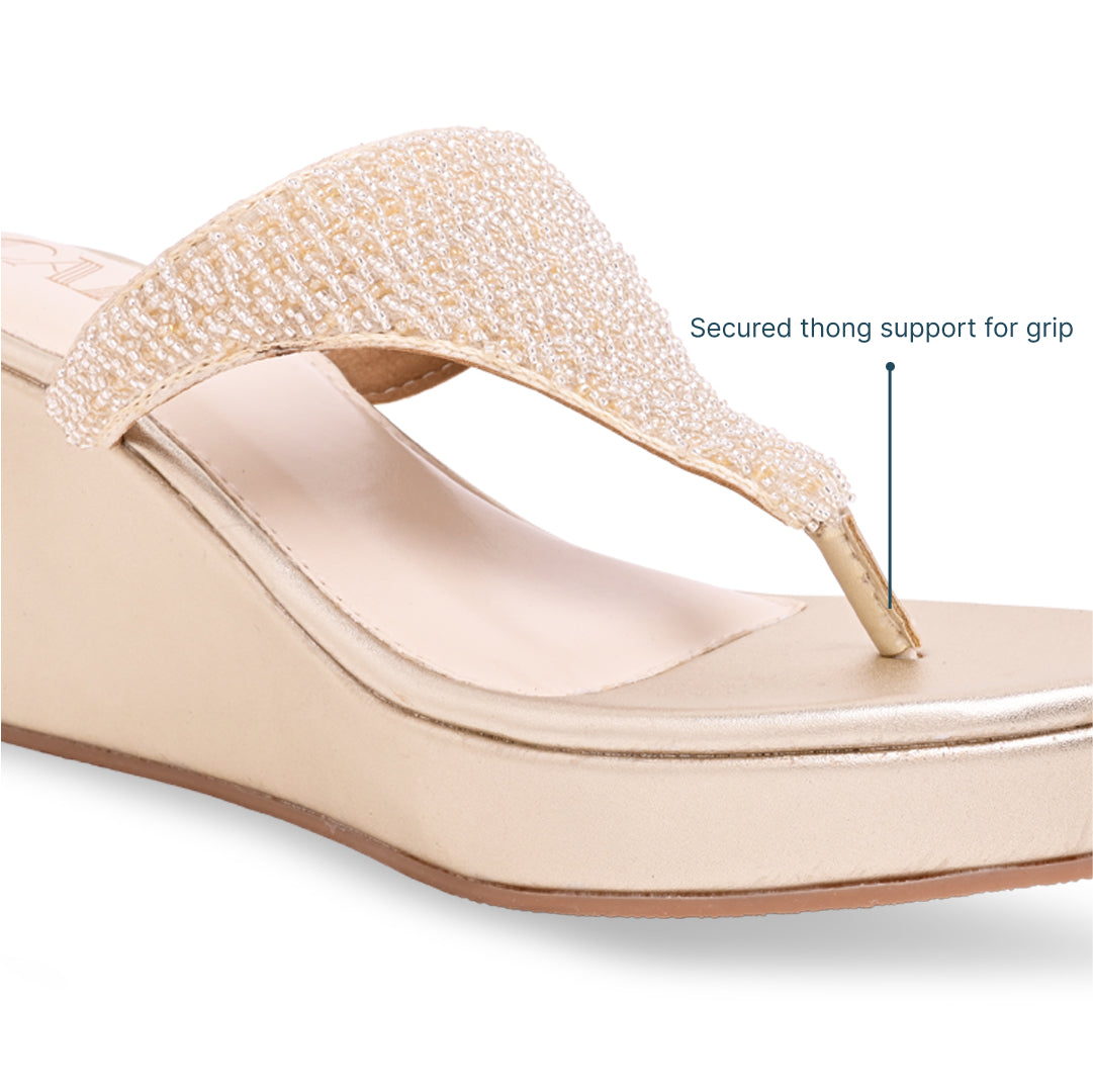 Gold Beaded Thong Wedge
