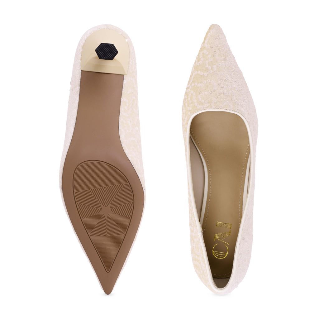 Beige Sequin Pointed Toe Heels