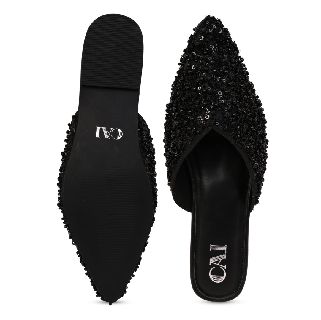 Black Beaded Mule Flat