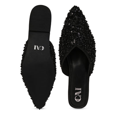 Black Beaded Mule Flat