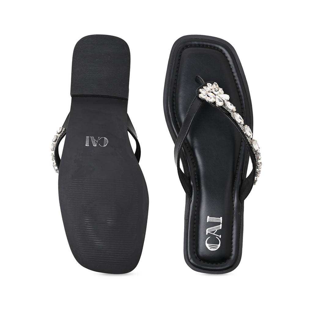 Black Embellished Thong Flat