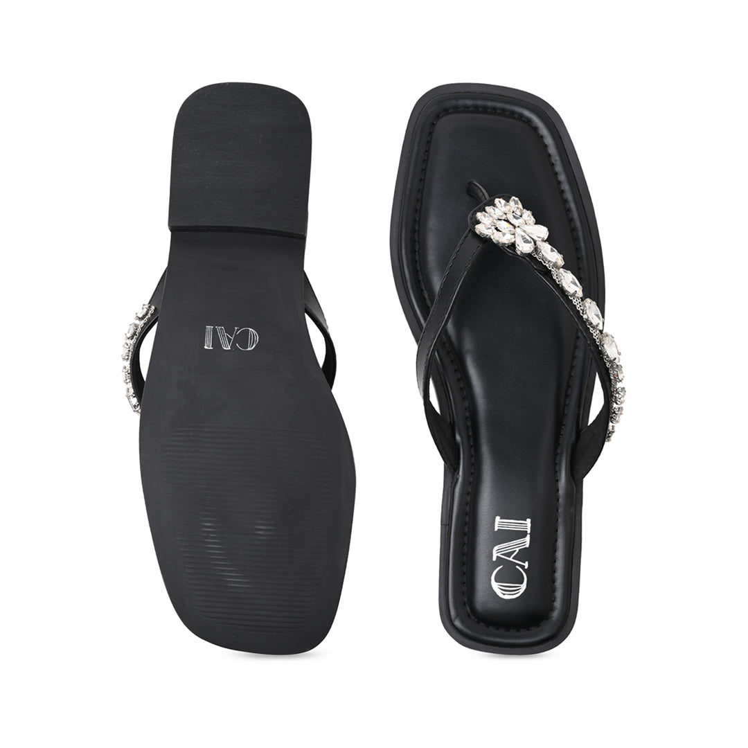 Black Embellished Thong Flat