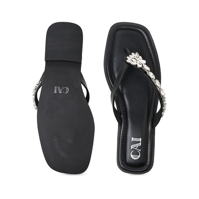 Black Embellished Thong Flat