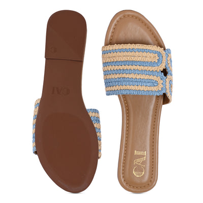 Blue and Beige Raffia Flat