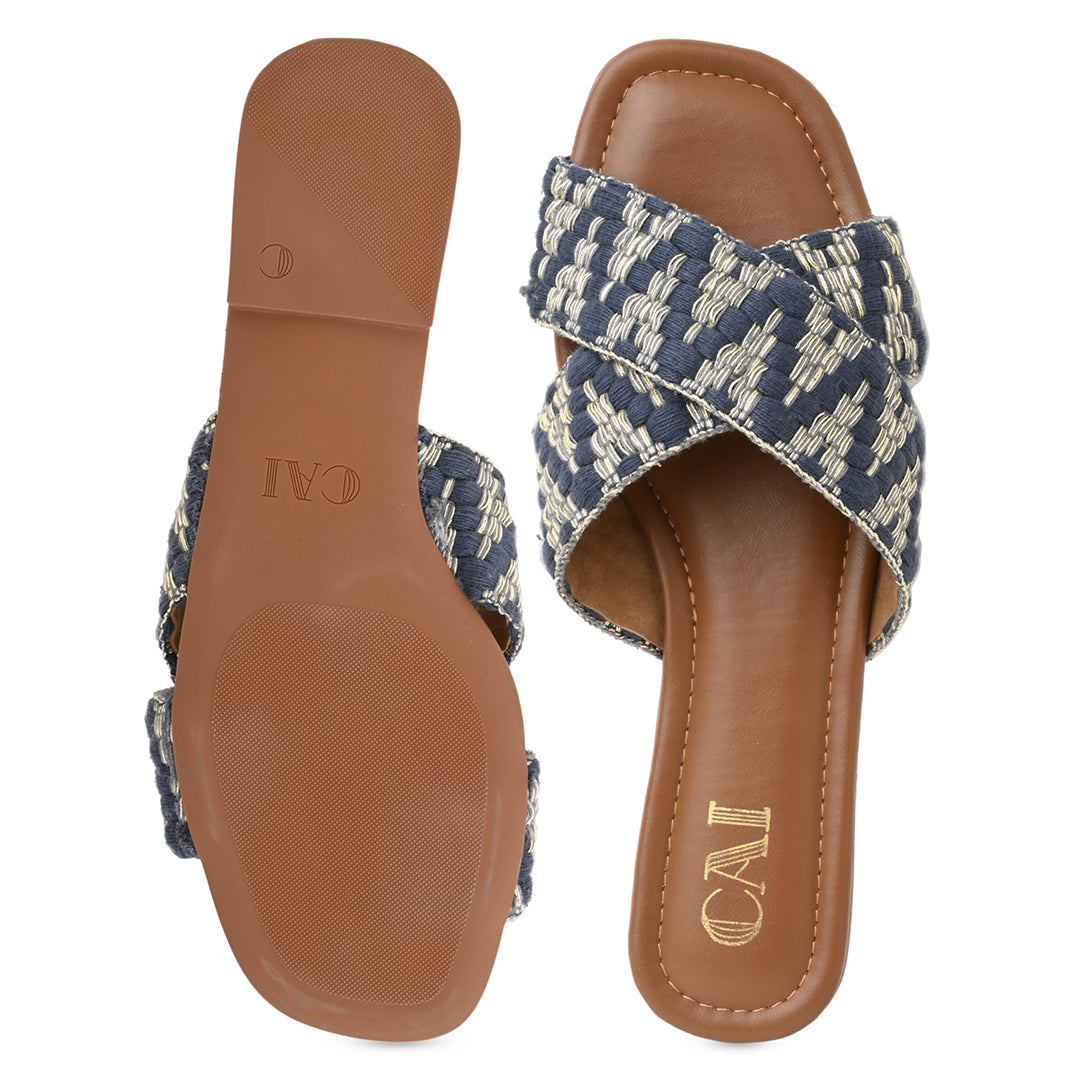 Blue And Gold Printed Flats