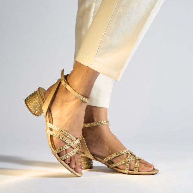 Strappy gold crystal heel
