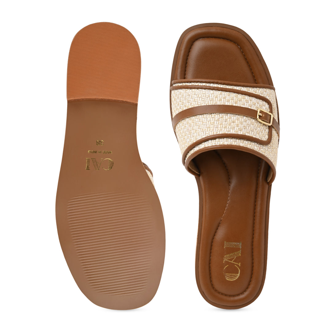 Canvas Tan Strapped Flats