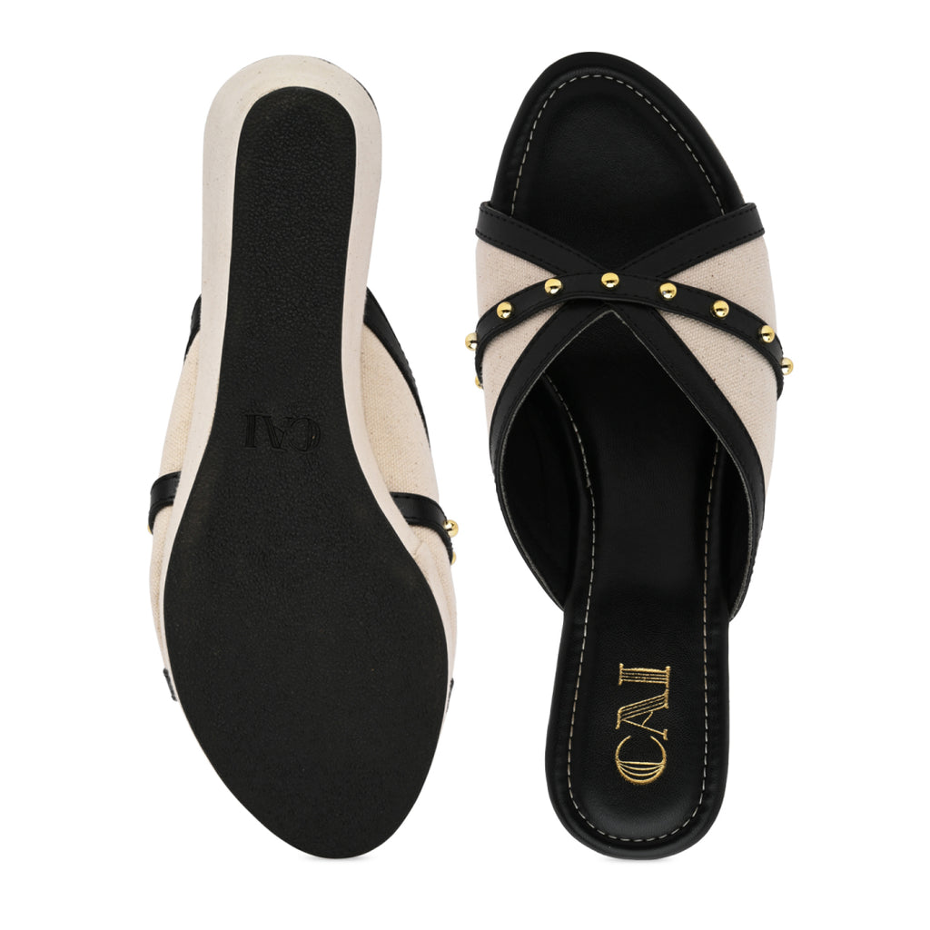 Canvas Rivet Black Wedges