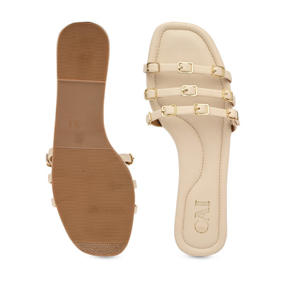 Multi Buckled Cream Flats