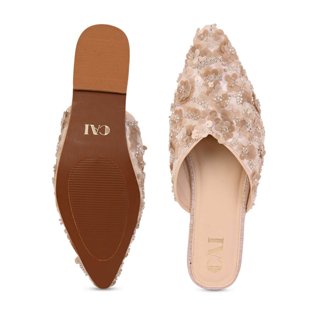 Cream Flower Mule Flat