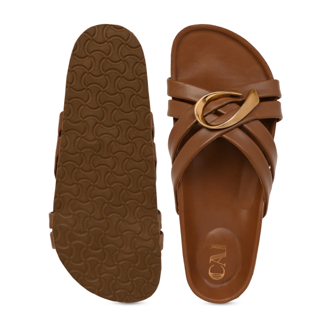 Cross Strap Gold Trim Tan Slider