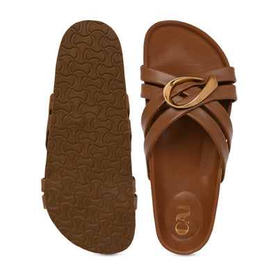 Cross Strap Gold Trim Tan Slider