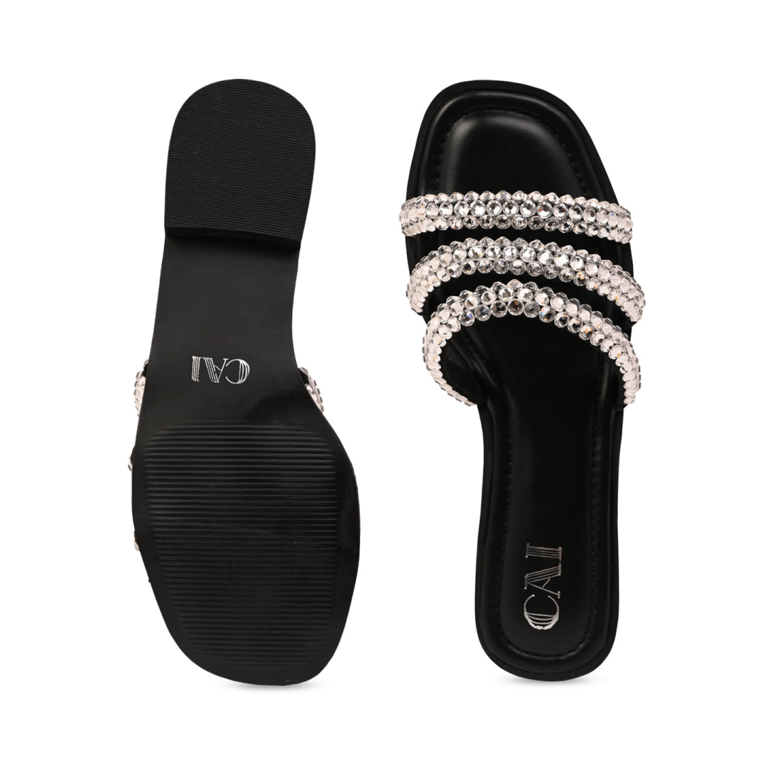 Diamond Lace Three Strap Black Flat