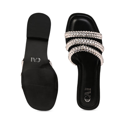 Diamond Lace Three Strap Black Flat