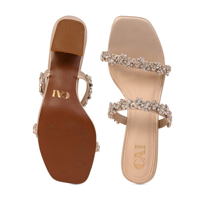 Embellished Flower Lace Two Strap Heel