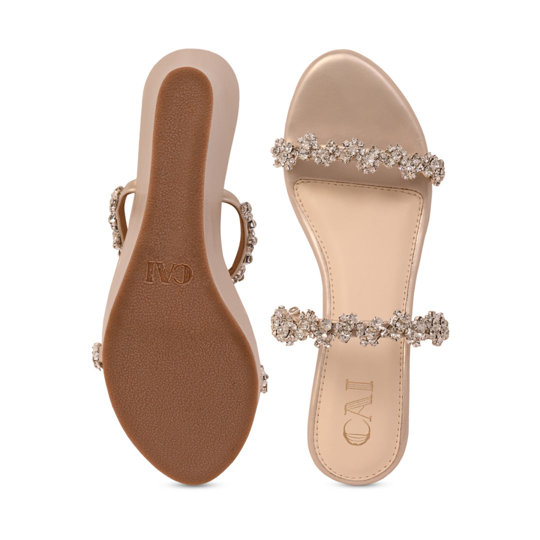 Embellished Flower Lace Two Strap Wedge