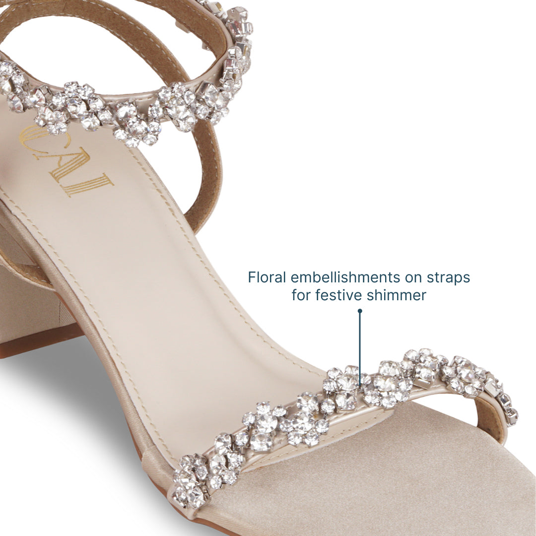 Floral Ankle Strap Gold Heels