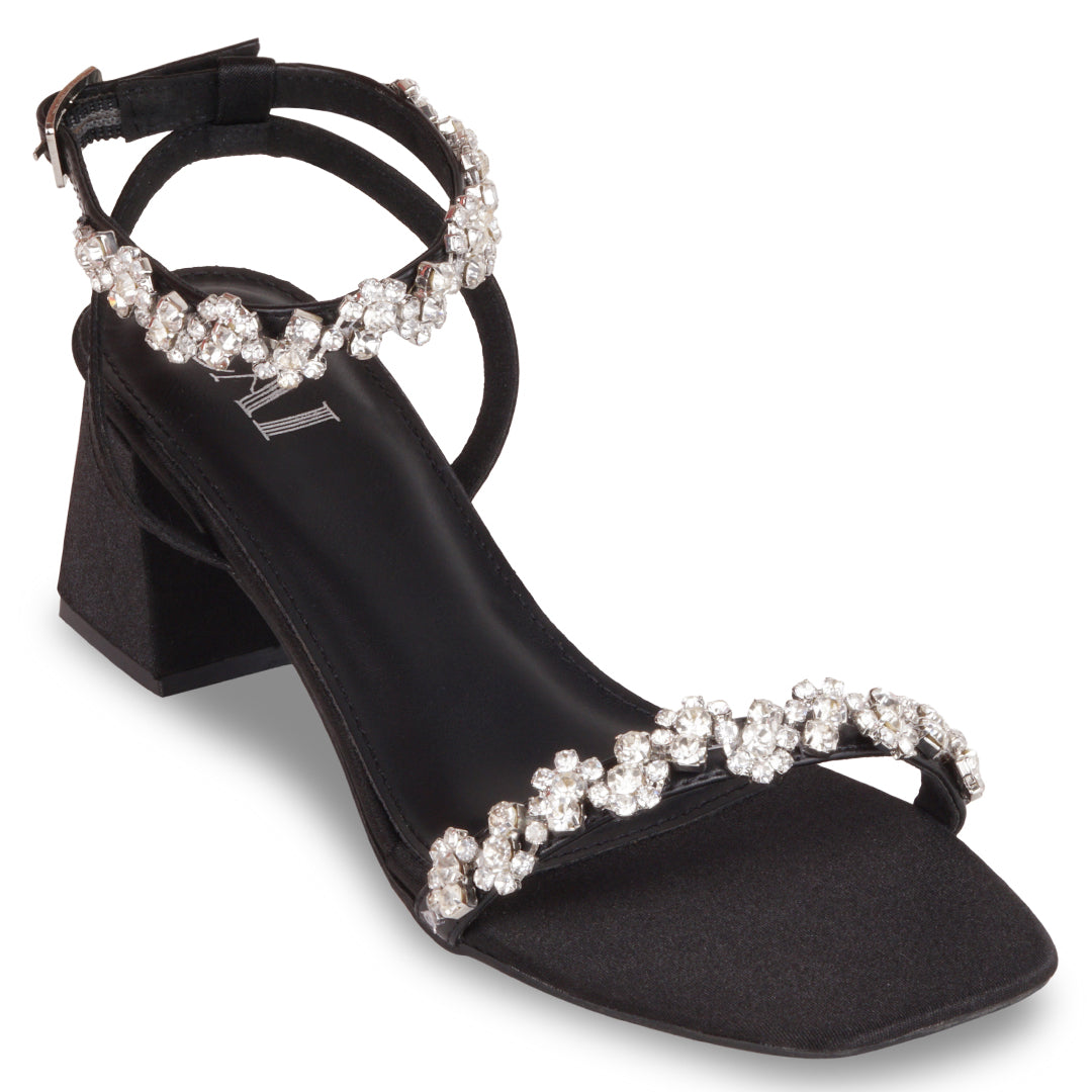 Floral Ankle Strap Black Heels