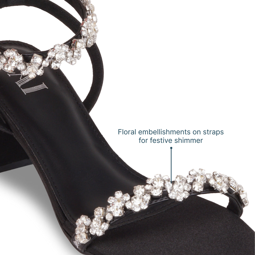 Floral Ankle Strap Black Heels