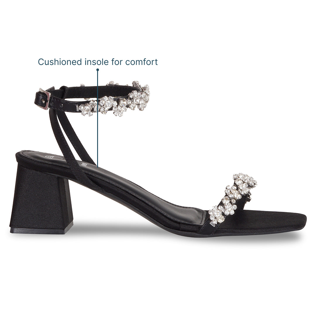 Floral Ankle Strap Black Heels