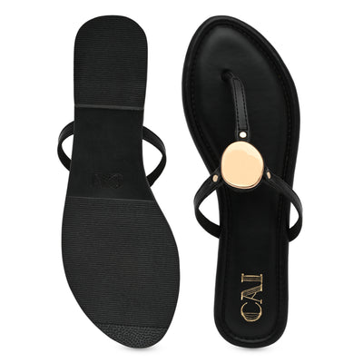 Gold Coin Black Thong Flats