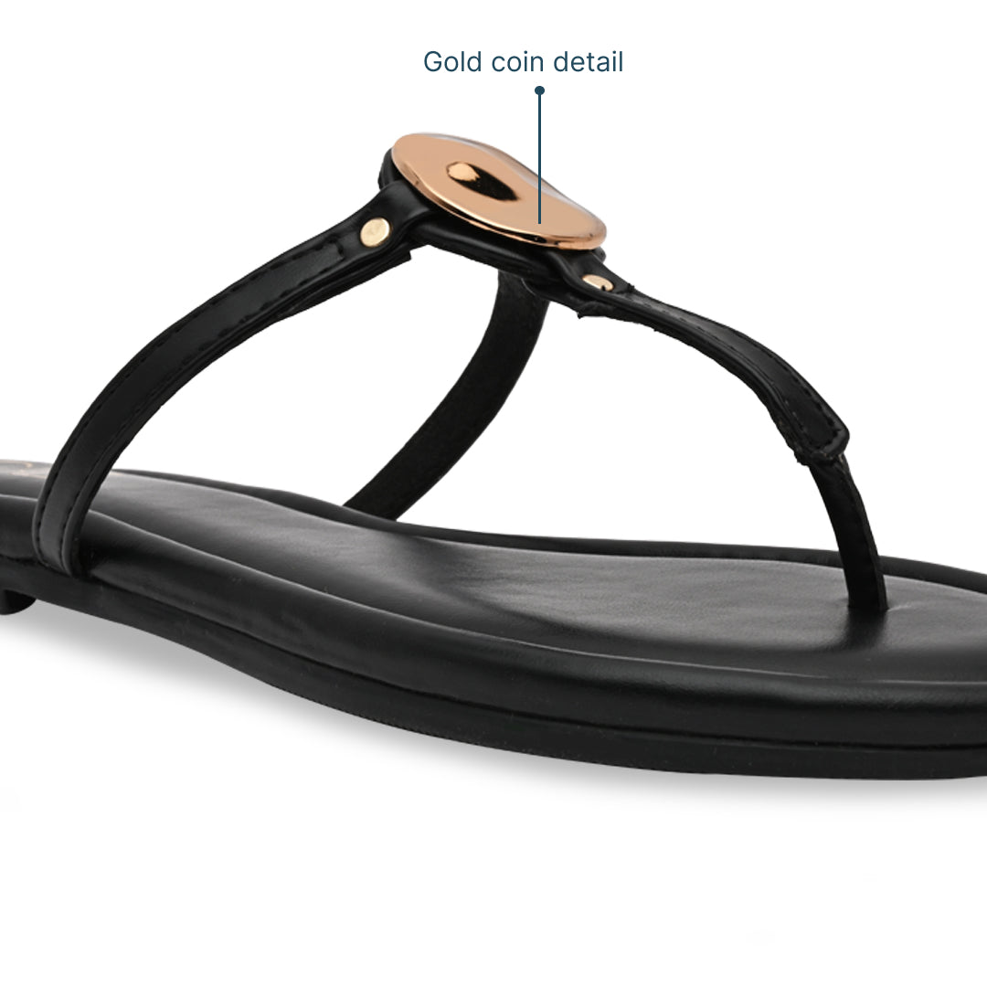 Gold Coin Black Thong Flats