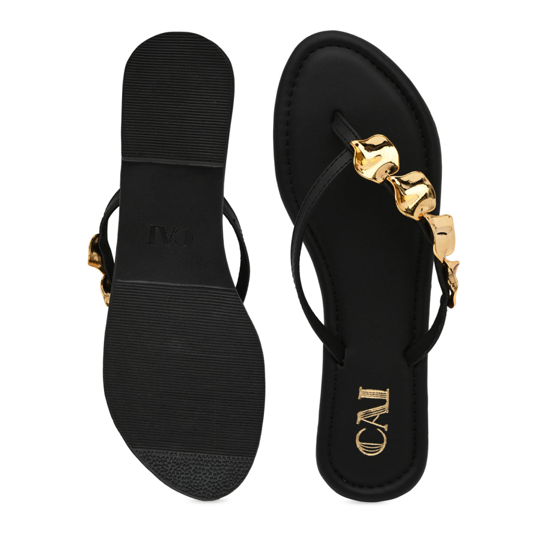 Gold Pebble Black Flats