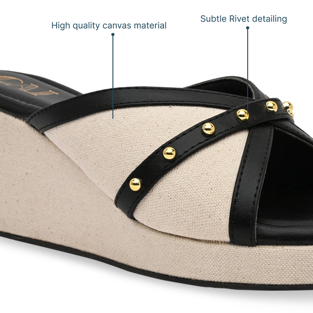 Canvas Rivet Black Wedges