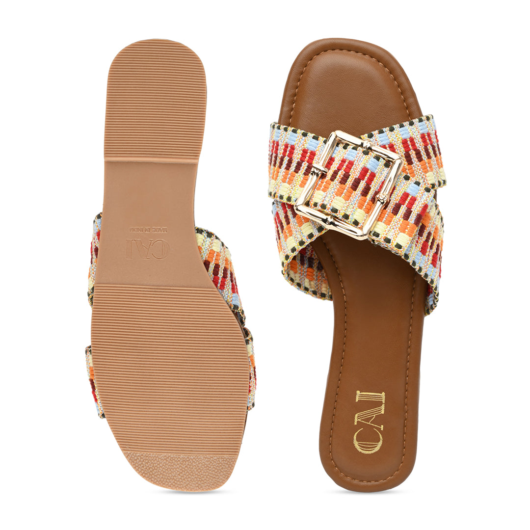 Multicoloured Buckled Strap Flats