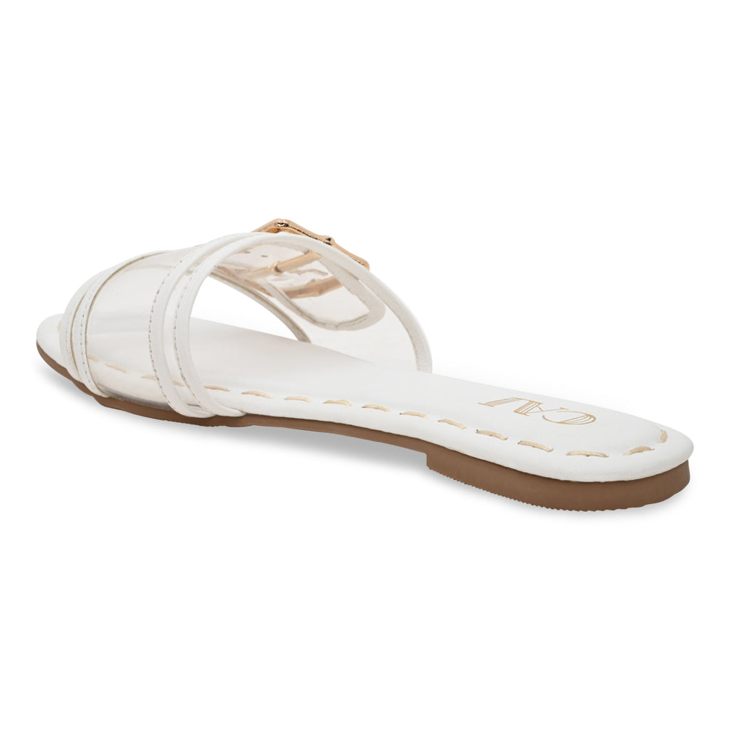 Clear Buckle White Flats
