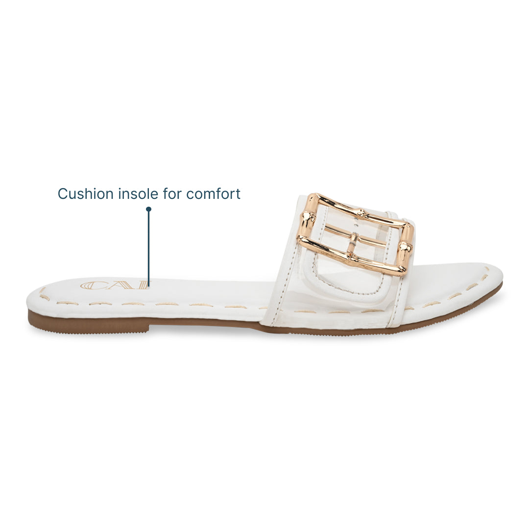 Clear Buckle White Flats