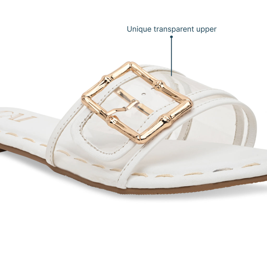 Clear Buckle White Flats