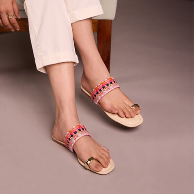 Pink Printed Toe Ring Flats