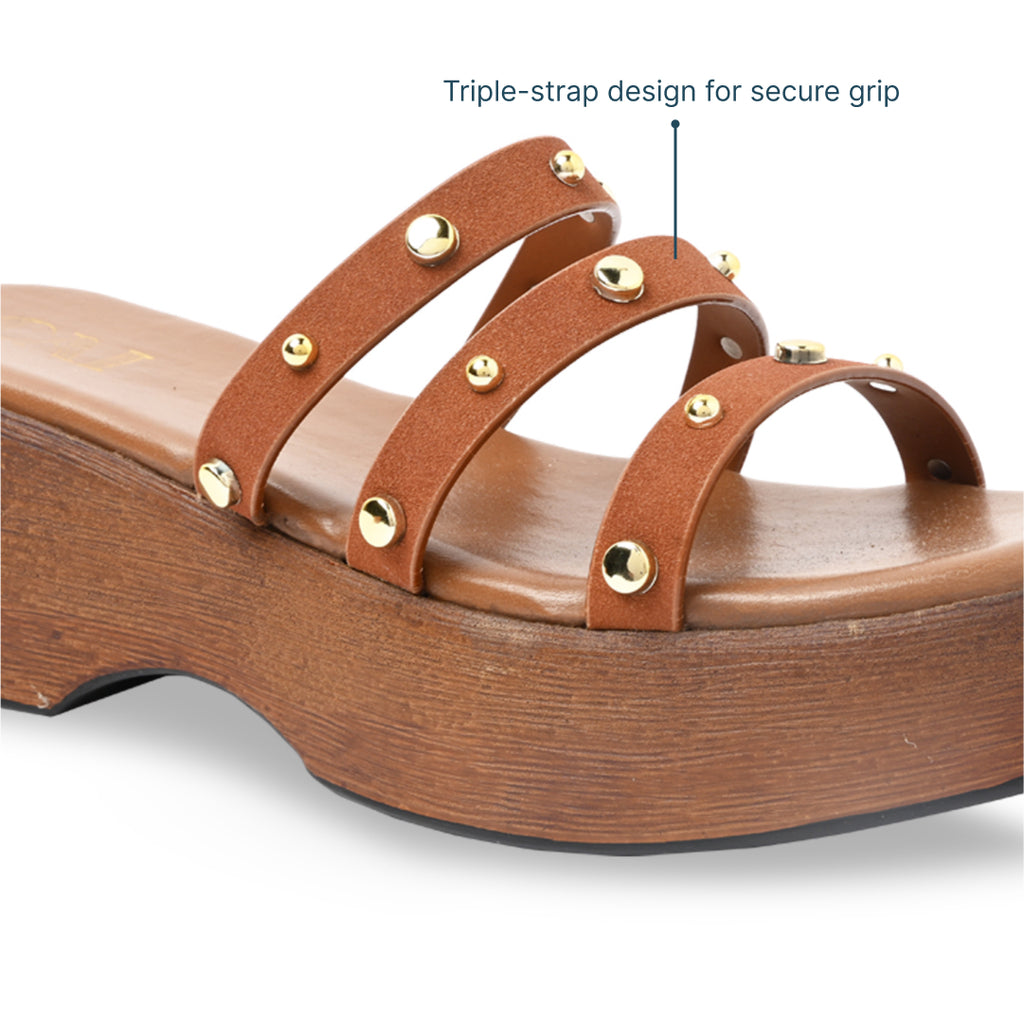 Gold Stud Strap Tan Wedge